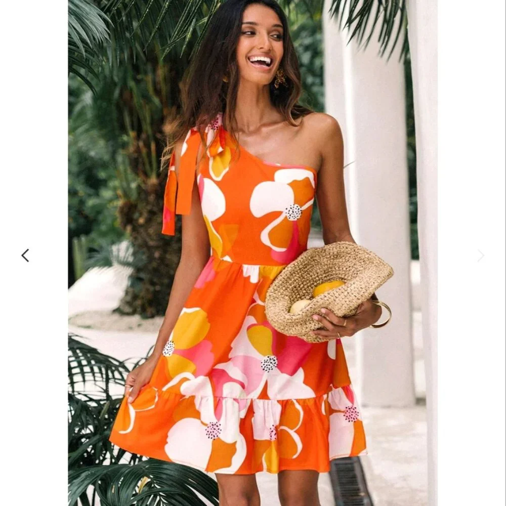 NWOT Cupshe Print Bow One Shoulder Dress Size XS - Picture 1 of 7